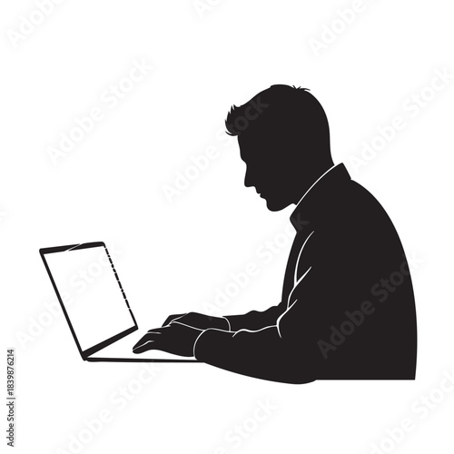Man typing on laptop computer, working remotely, freelancer, or student, concentrated on task
