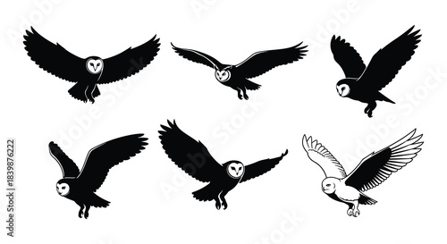 A collection of black and white owl silhouettes in various flight poses
