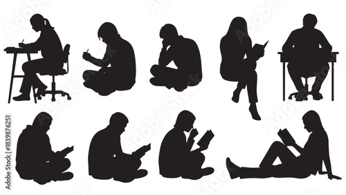 Silhouettes of people including women, couples, families, and business groups, often rendered as black vector illustrations for fashion, shopping, or design sets