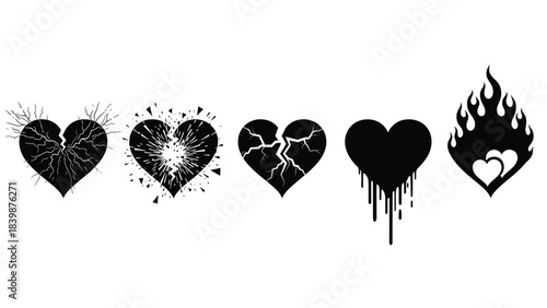 Illustration of set of five black heart icons showing different states of damage and emotion