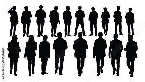 a collection of diverse figures in formal attire standing together depicted as a striking black silhouette