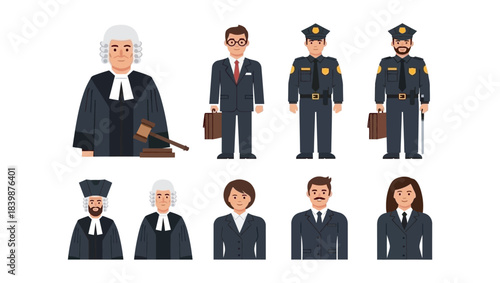 Legal and Law Enforcement Professionals Character Set - Judges, Lawyers, and Police Officers Vector Illustration