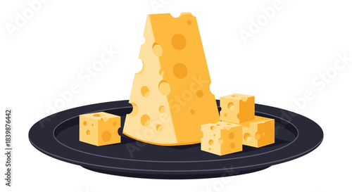 A stylized illustration showcases a large wedge of yellow Swiss cheese and several smaller cheese cubes neatly arranged on a dark round plate.