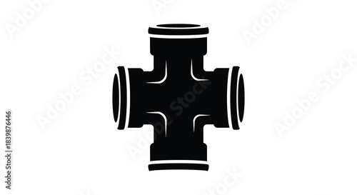 A striking black cross symbol with rounded edges presented as a bold silhouette