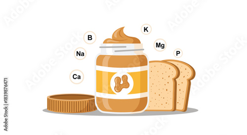 An illustration highlighting the nutritional value of peanut butter, featuring a jar, bread slices, and symbols for essential minerals like B, Na, Ca, K, Mg, and P.