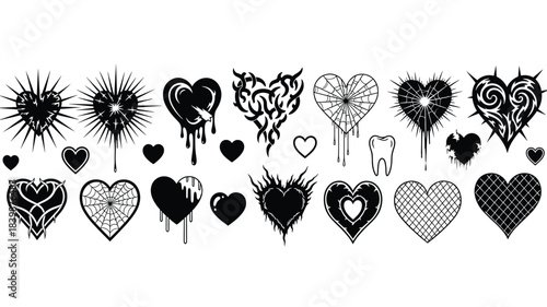Illustration of collection of goth and grunge style heart illustrations with spikes, drips, cracks, and tribal elements