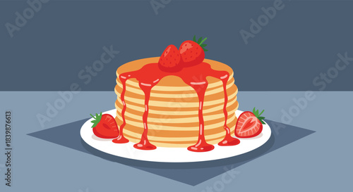 A delicious stack of golden pancakes topped with sweet strawberry syrup and fresh red strawberries on a plate, rendered in pixel art.