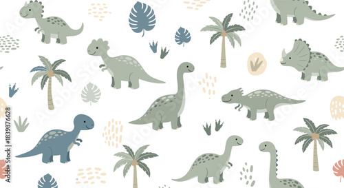 Cute cartoon dinosaurs and tropical foliage in a seamless pattern, perfect for children's designs, fabrics, and nursery decor.