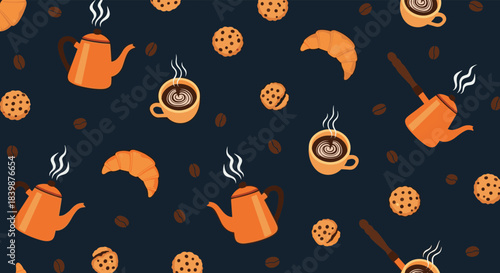 Seamless pattern with hot coffee, croissants, and chocolate chip cookies scattered on a dark background, perfect for breakfast or coffee break themes.