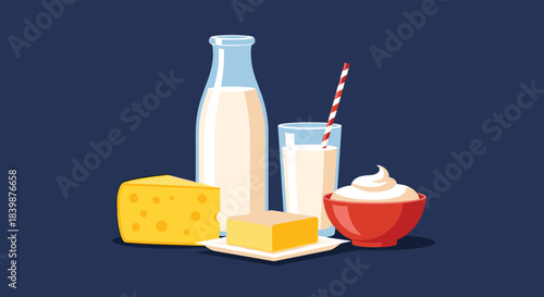 A still life illustration featuring various fresh dairy products, including milk, cheese, butter, and cream, set against a dark blue background.