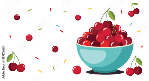 Colorful illustration of a bowl full of fresh red cherries, with single cherries and decorative sprinkles scattered on a white background.
