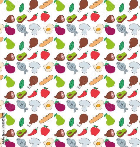 Colorful seamless vegetable pattern featuring carrots, avocados, mushrooms, chili peppers, tomatoes and leafy greens. Perfect for food packaging, kitchen decor, backgrounds and organic-themed designs.