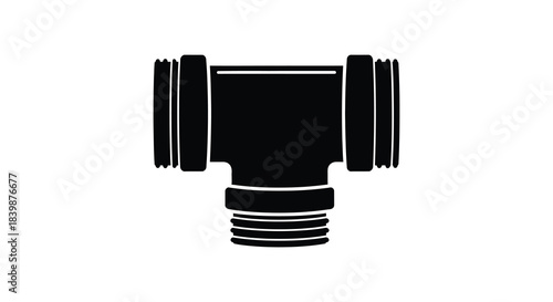 A black plumbing tee joint component presented as a distinct dark silhouette
