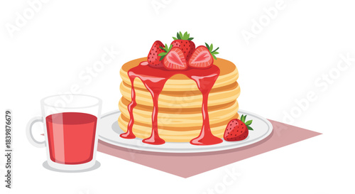An appetizing stack of fluffy golden pancakes drenched in strawberry sauce, garnished with fresh berries and served alongside a glass of red juice.