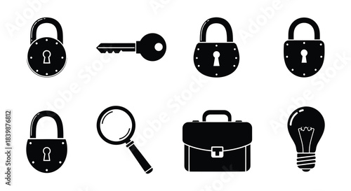 Security symbols including locks keys briefcases and a magnifying glass