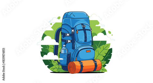 A large blue backpack is ready for an outdoor adventure with a rolled-up sleeping mat and water bottle attached.