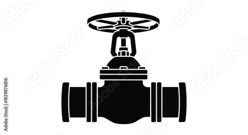 Detailed depiction of an industrial valve component in a stark black silhouette