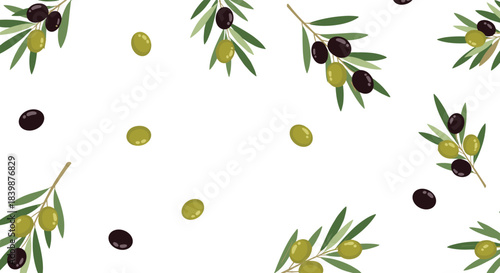 Seamless pattern of ripe black and green olives on branches with leaves on a white background.