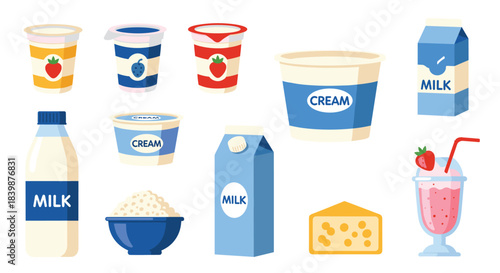 Assortment of dairy products including milk, yogurt, cream, cheese, and a milkshake.