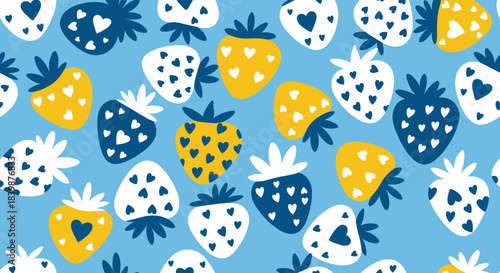 Seamless pattern of stylized strawberries in blue, yellow, and white with heart shapes.