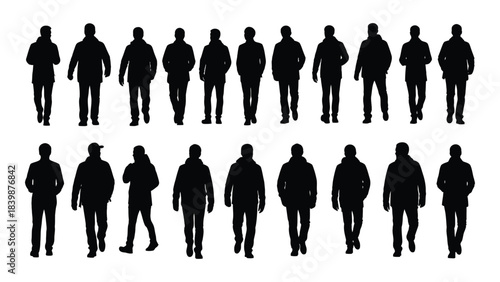 a collection of diverse human figures walking forward depicted in a striking black silhouette