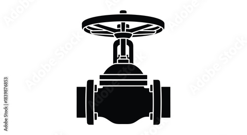 A detailed black and white illustration of an industrial valve design a striking silhouette