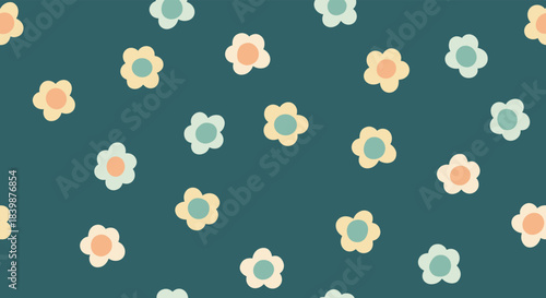 A dark teal background covered in a pattern of small, cheerful pastel flowers.