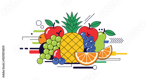 A vibrant illustration of various fruits including apples, grapes, blueberries, a pineapple, oranges, and a pear.