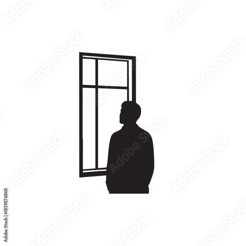 Solitary Man Silhouette Standing and Looking Out of a Window, Contemplating or Observing, Isolated on White Background