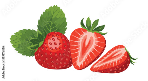 Freshly sliced strawberries and whole berry with green leaves on white background.
