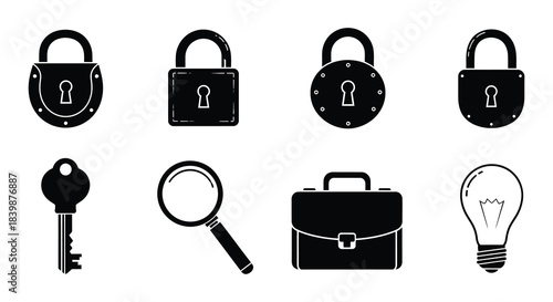 Security symbols including locks keys briefcases and a magnifying glass