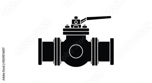 A stark black and white illustration depicts a valve with pipes presented as a silhouette