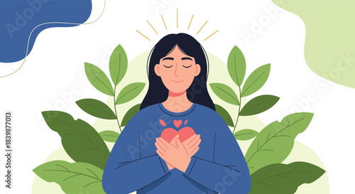 Young woman with eyes closed holds a glowing heart with hands over her chest amidst lush green leaves.