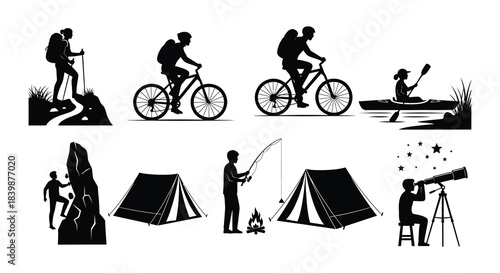 Outdoor activities icons depicting hiking biking boating camping and climbing