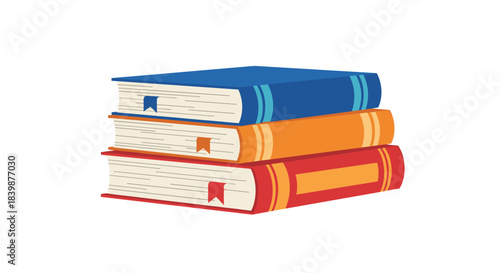 A stack of three colorful books with bookmarks, displayed on a white background.