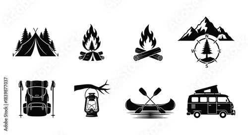 Camping and outdoor adventure icons tents campfires vehicles and nature