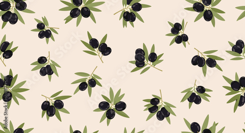 Seamless pattern of black olives on branches with green leaves on a light cream background.