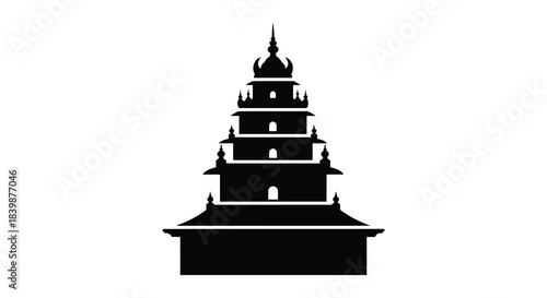 A striking black silhouette of a traditional asian pagoda structure with multiple tiers silhouette