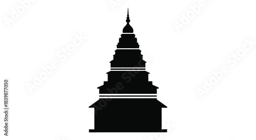 A striking black silhouette of a traditional tiered temple structure displaying asian architectural details silhouette