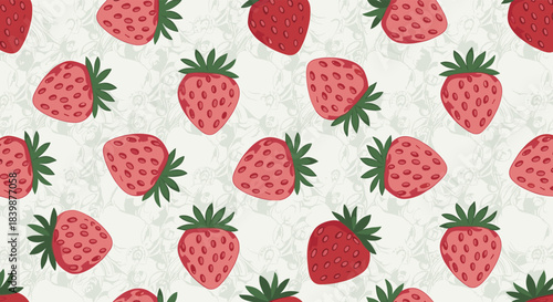 Seamless pattern of cheerful cartoon strawberries with green leaves on a light background.