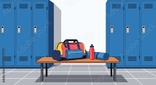 Gym locker room scene with a duffel bag, water bottle, and rolled-up mat on a bench.