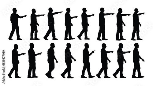 a sequence of human figures depicted in various walking poses illustrating motion and progression silhouette