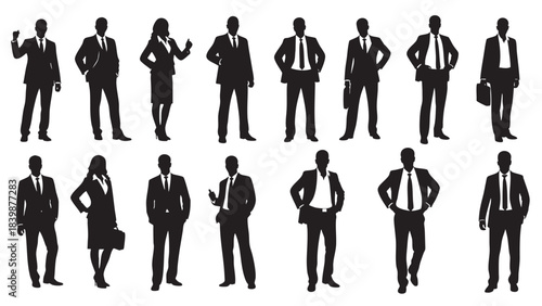 Silhouettes of business people: group vector illustration of men and women walking in suits for teamwork success design