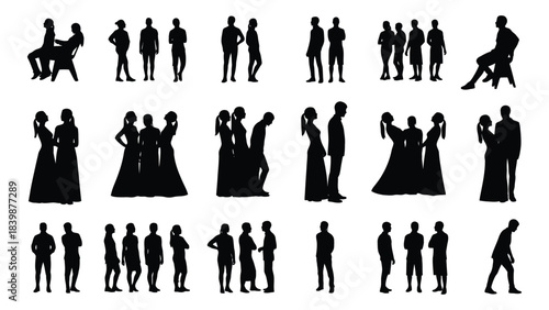 a collection of diverse human figures depicted in black silhouettes showing couples groups and individuals silhouette