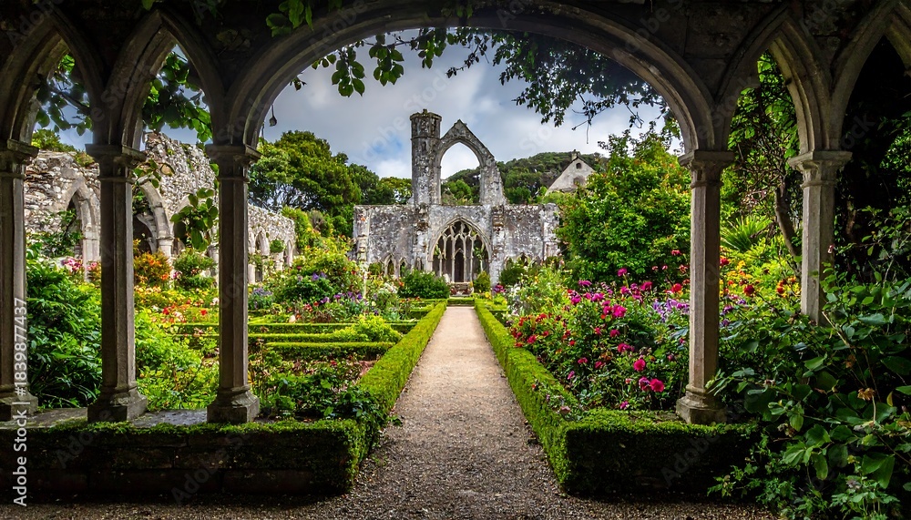 Fototapeta premium A picturesque stone arch frames a garden path leading to a historic, weathered stone structure, surrounded by lush vegetation