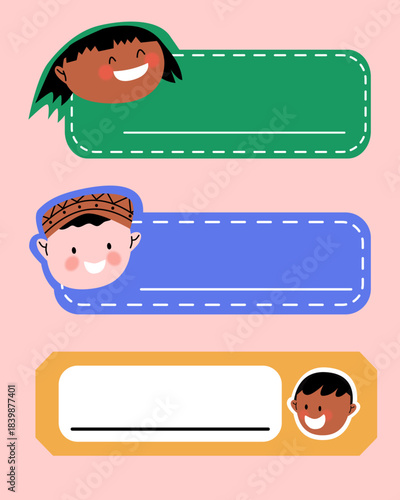 Children Name Tag Labels Featuring Happy Boy and Girl Faces Vector illustration
