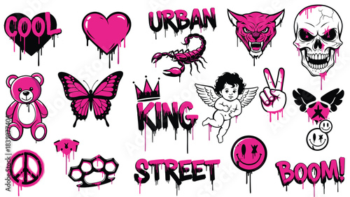 Illustration of set of pink and black graffiti style stickers and icons