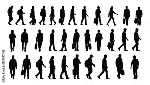 a collection of diverse human figures depicted in various walking poses showing a dynamic sense of motion silhouette