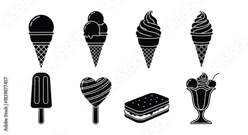 A collection of various black silhouette ice cream and frozen dessert icons