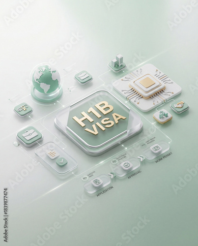 Modern 3D illustration of H1B visa work permit process with globe, chip and application icons in soft mint colors